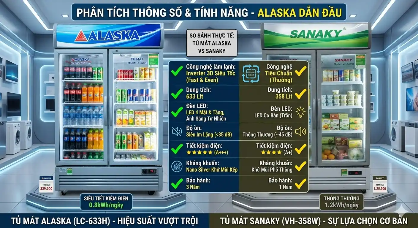 So sánh thực tế tủ mát Alaska và Sanaky
