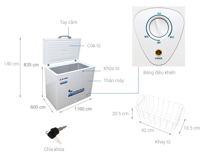 chức năng kính thước tủ đông Alaska BD 400