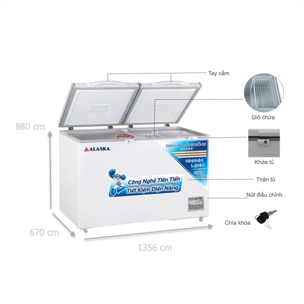 kích thước chức năng tủ đông alaska HB 550C